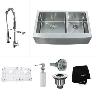 Kraus 16 Gauge Double Basin Apron Front Stainless Steel Kitchen Sink with Faucet