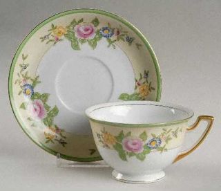 Celebrate Ceb14 Footed Cup & Saucer Set, Fine China Dinnerware   Green Band,Flor