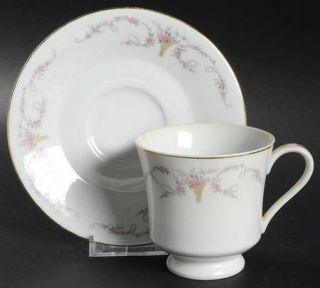 Hara Rosemarie Footed Cup & Saucer Set, Fine China Dinnerware   Pink Roses In Ur