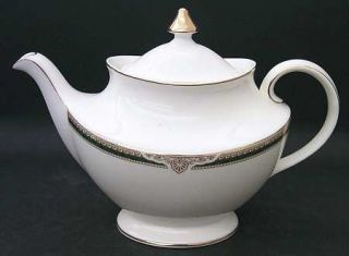 Royal Doulton Forsyth Teapot & Lid, Fine China Dinnerware   Bone,Green Band,Gold
