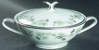 Noritake Pinetta Sugar Bowl & Lid, Fine China Dinnerware   Green & Silver Pineco