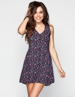 Ditsy Floral Print Tie Back Dress Navy In Sizes Medium, Small, L