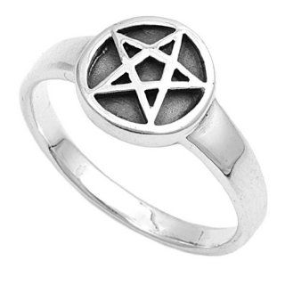 Sterling Silver Round Five Point Pentagram Star Ring Jewelry