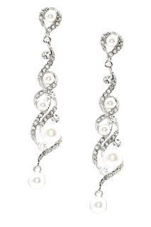 Rhodium Crystal Rhinestone Dangle Earrings with White Pearl Ending Jewelry