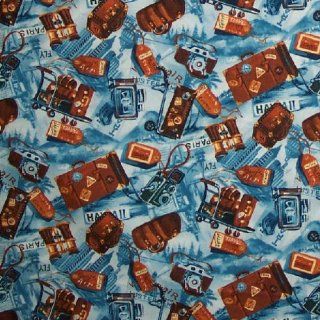 44" Wide Fabric "Traveling Accessories (Bags, Suitcases, Trunks, Tags, Cameras, Binoculars) and Words Hawaii, Paris, Etc Fabric By the Yard" 