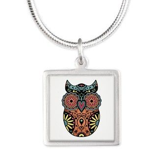 Sugar Skull Owl Color Silver Square Necklace by pounddesigns