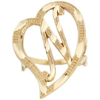 10k Real Gold Large Heart Cursive Letter N Diamond Cut Initial Ring Jewelry