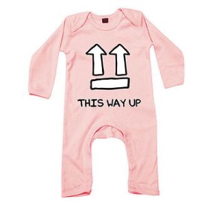 'this way up' pink babygrow by banana lane designs