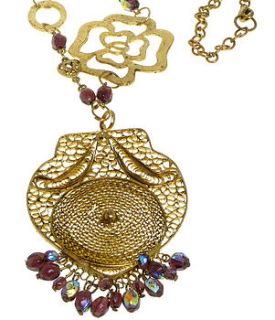 purple glass bead and brass filigree necklace by ethical trading company