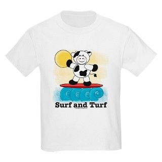 Surfing Cow Red Surfboard Kids White T Shirt by chrissyhstudios