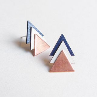 copper navy triangle earrings by lovely pigeon