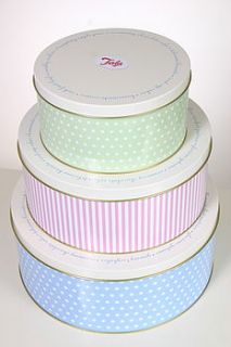 three vintage inspired stacking cake tins by scarlet bakes