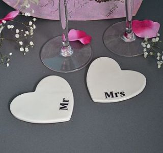 'mr' and 'mrs' porcelain heart coasters by carys boyle ceramics