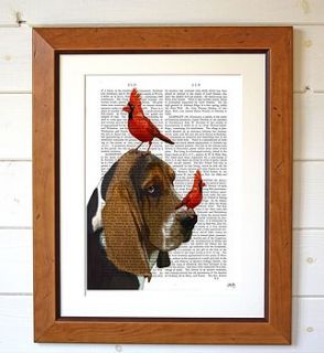 basset hound & red birds dictionary print by fabfunky