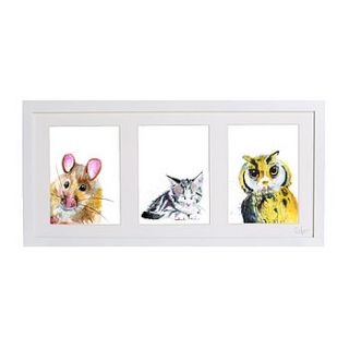 three framed friendly animal inky prints by kate moby