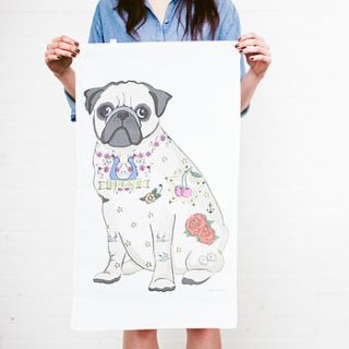 tattoo pug tea towel by sophie parker