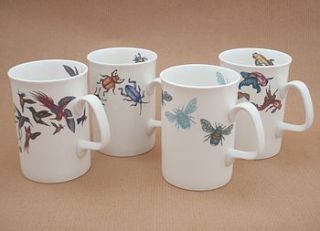bird, bee, beetle and fish bone china mug set by jessica irena smith glass