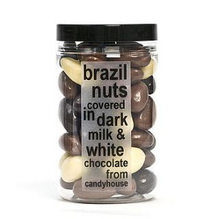 brazil nuts covered in dark, milk & white chocolate by candyhouse