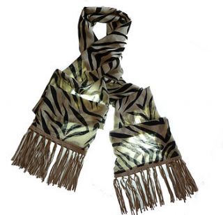 fine knit zebra scarf with suede fringe by latimer