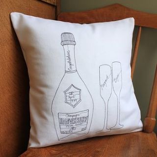personalised anniversary champagne cushion by bottle bin embroidery