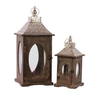 Brown Wooden Oval Window Lanterns (set Of 2)