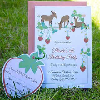 strawberries and donkeys birthday invitations by ink pudding