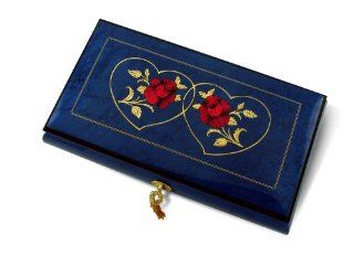 Vibrant Royal Blue Double Red Rose and Heart Musical Jewelry Box (Smoke Gets In Your Eyes) Jewelry