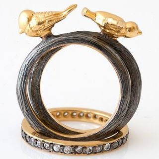 oxidised silver bird trio ring with crystals by john m start & co.