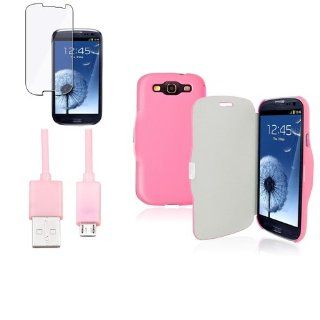 CommonByte Pink Flip Leather Back Case+Clear Film+Cable for Samsung Galaxy S III S 3 i9300 Cell Phones & Accessories