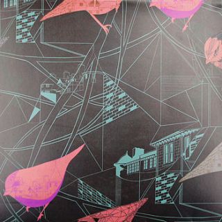 birds and geometric buildings wrapping paper by prism of starlings