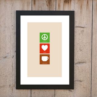 'peace, love, coffee' print by loveday designs