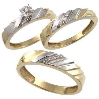 Gold Plated Sterling Silver Diamond Trio Wedding Ring Set His 5mm & Hers 4mm 0.075 cttw Ladies 5 10; Men 8 to 14 Jewelry