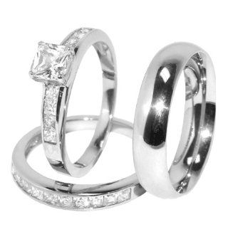 His and Hers 3 Pcs Stainless Steel Princess CZ Engagement Ring set and Mens Matching Band, AVAILABLE SIZES men's 8~14; women's set 5~10. WHOLE SIZE ONLY. CONTACT US BY EMAIL THROUGH  WITH SIZES AFTER PURCHASE Jewelry