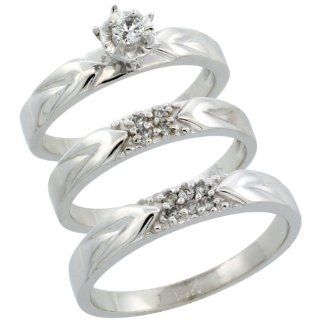 14k White Gold 3 Piece Trio His (3.5mm) & Hers (3.5mm) Diamond Wedding Ring Band Set w/ 0.17 Carat Brilliant Cut Diamonds; (Ladies Size 5 to10; Men's Size 8 to 14) Jewelry
