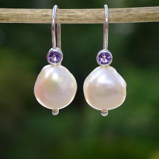 baroque pearl earrings with amethyst accents by lilia nash jewellery