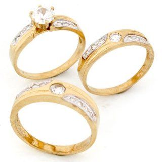 14k Gold His & Hers Matching CZ 3 Trio Wedding Ring Set Jewelry
