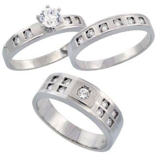Sterling Silver 3 Piece His 7 mm & Hers 4 mm Trio Wedding Ring Set CZ Stones Rhodium Finish, Ladies Size 9 Jewelry