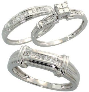 14k White Gold Trio 3 Piece His (5mm) & Hers (4mm; 4mm) Wedding Band Set, w/ 0.78 Carat Invisible set Diamonds; (Men's Size 9 to 12), size 8 Jewelry