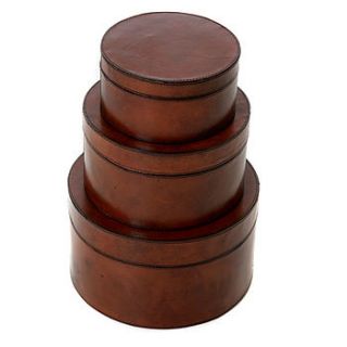 set of three leather round boxes by life of riley
