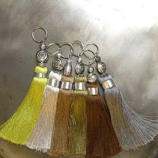 beige and green handmade tassel key ring by skoura