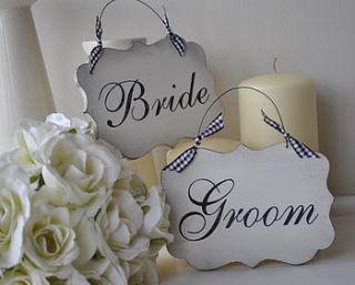 bride & groom wedding signs by hush baby sleeping