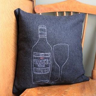 personalised embroidered wine bottle cushion by bottle bin embroidery