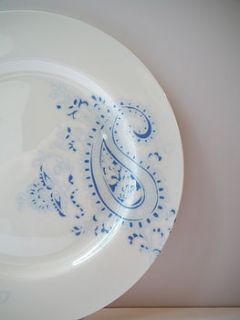 dinner plate with blue paisley design by victoria mae designs