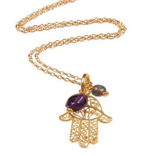 gold filigree hamsa hand amethyst necklace by mirabelle