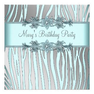 Silver Teal Blue Zebra Womans Birthday Party Custom Announcement
