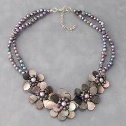 Silver Black Pearl Floral Necklace (Thailand) Necklaces