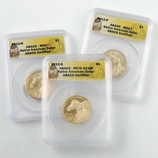 2012 "Finest" ANACS 3 piece Native American Dollar Set