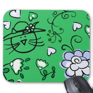 Cute Retro Flowers & Cat, Flower Hat Mouse Pad
