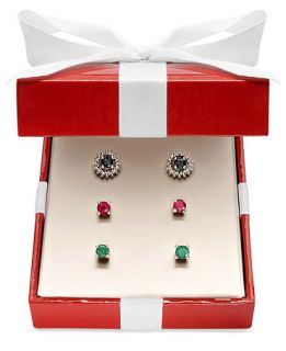 Sterling Silver Sapphire, Ruby, Emerald and Diamond Jacket Interchangeable Stud Earring Set   Earrings   Jewelry & Watches