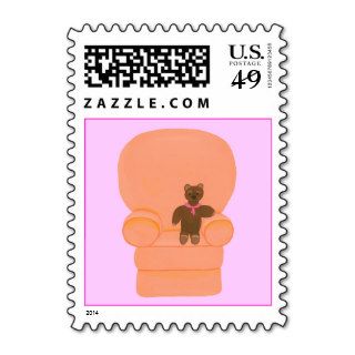 Cute teddy bear in chair painting, postage stamps